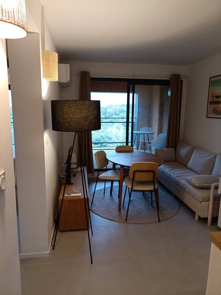 Salon avec une table et des chaises, une lampe et un canapé - Appartement Le 308 Corse Pianottolli
