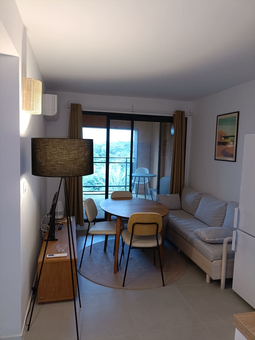 Salon de l'apparrtement avec un meuble télé, une table et des chaises et un canapé - Appartement Le 308 Corse Pianottolli