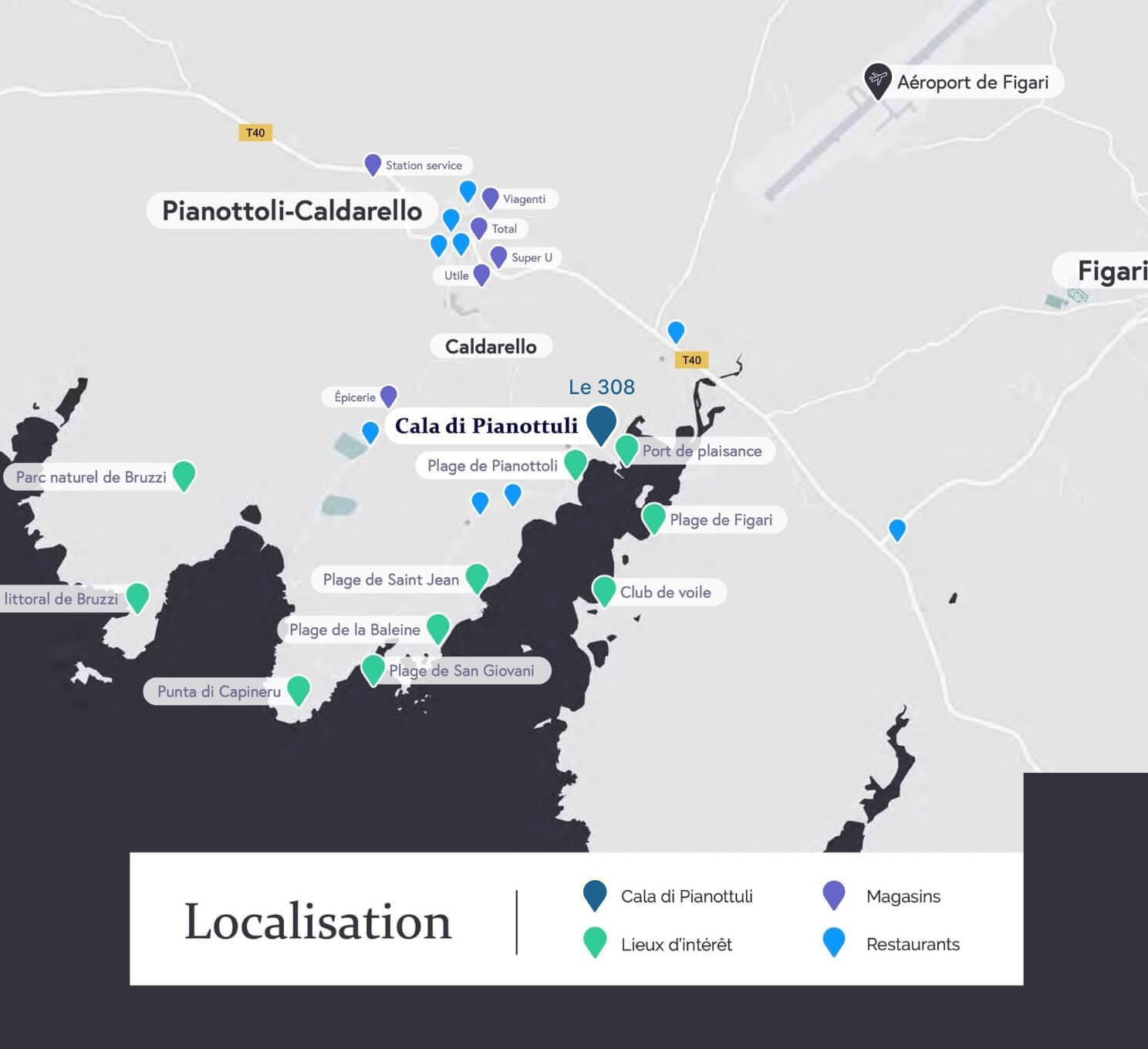 Carte de la Corse avec l'appartement situé dessus - Appartement Le 308 Corse Pianottolli